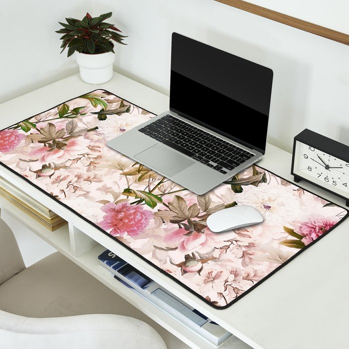 Vintage And Shabby Chic- Pink  Summer Peonies Antique Botanical Flower Garden Desk Mat Gallery Image 2