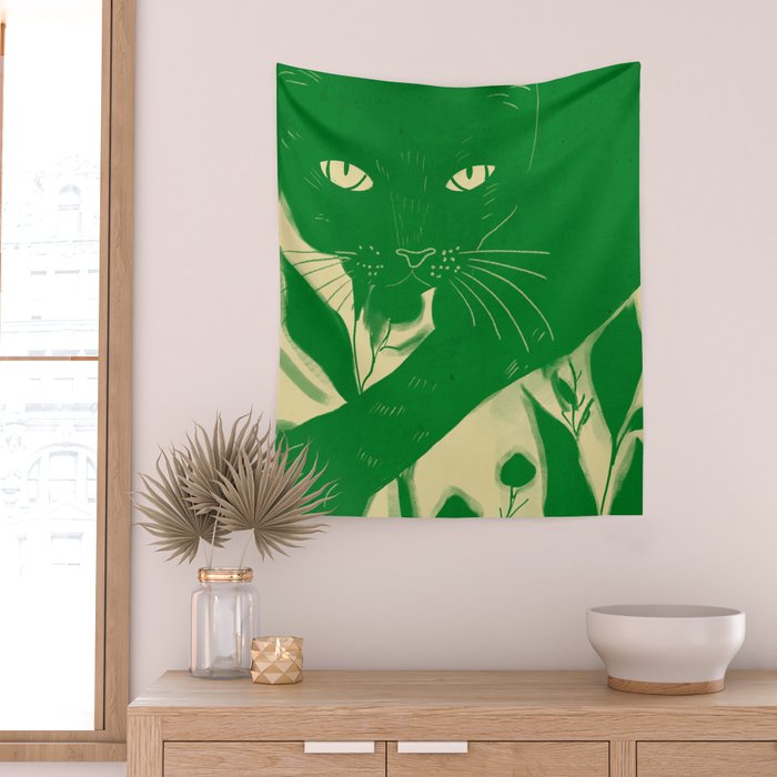 Minimalist Green Cat 2 Wall Tapestry Gallery Image 2