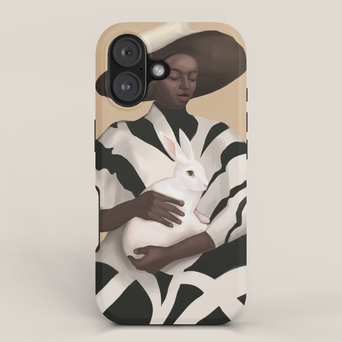 Woman in Stripes Holding a White Rabbit iPhone Case Gallery Image 1