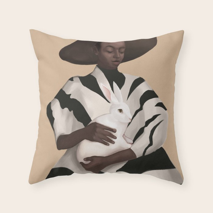 Woman in Stripes Holding a White Rabbit Throw Pillow Gallery Image 1