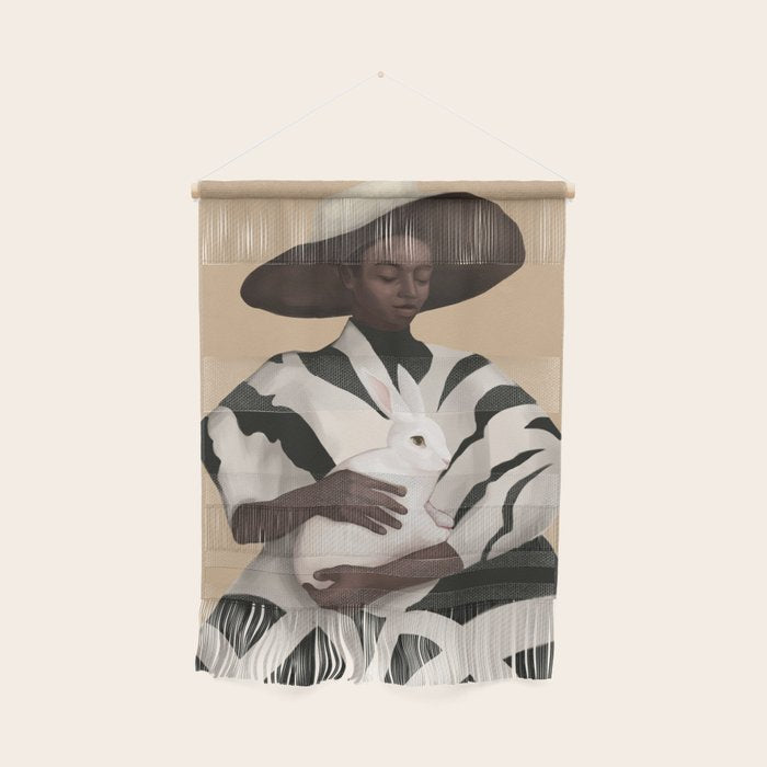 Woman in Stripes Holding a White Rabbit Wall Hanging Gallery Image 1