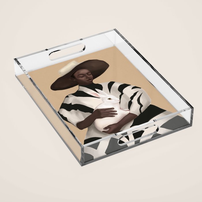 Woman in Stripes Holding a White Rabbit Acrylic Tray Gallery Image 1