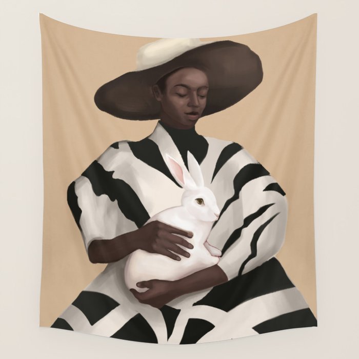 Woman in Stripes Holding a White Rabbit Wall Tapestry Gallery Image 4