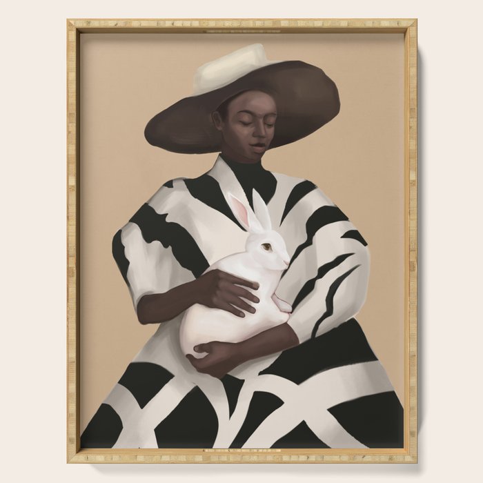 Woman in Stripes Holding a White Rabbit Serving Tray Gallery Image 1