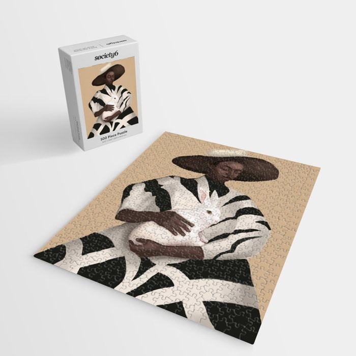 Woman in Stripes Holding a White Rabbit Jigsaw Puzzle Gallery Image 2