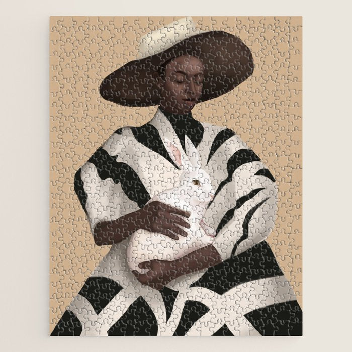Woman in Stripes Holding a White Rabbit Jigsaw Puzzle Gallery Image 1