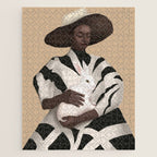 Woman in Stripes Holding a White Rabbit Jigsaw Puzzle Gallery Image 1