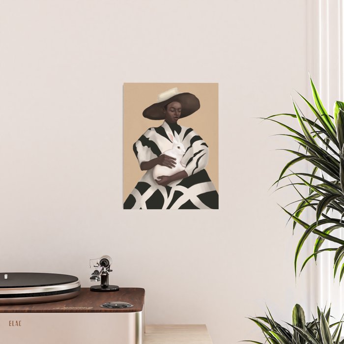 Woman in Stripes Holding a White Rabbit Poster Gallery Image 2