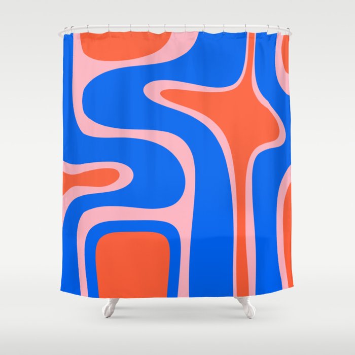 Copacetic Retro Abstract Pattern Pink Orange-Red Bright Blue Shower Curtain Gallery Image 1