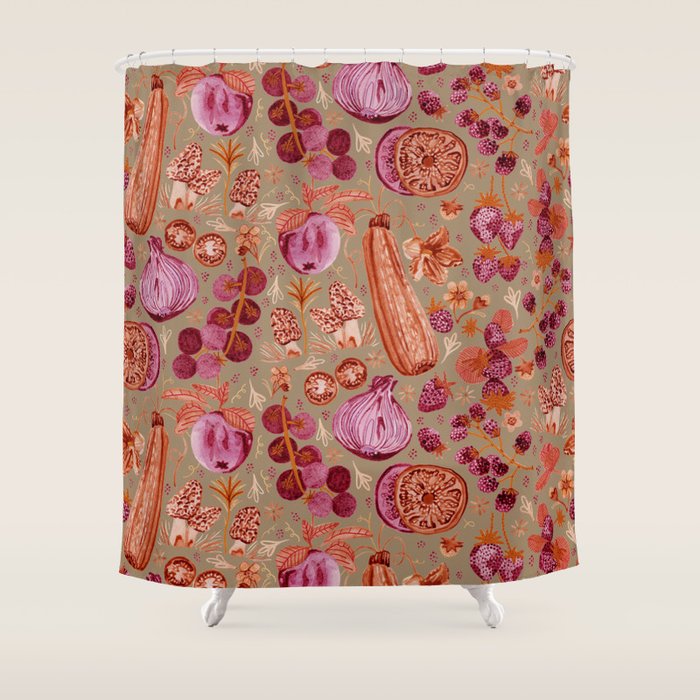 Garden Vegetables and Fresh Fruit in Mocha Mousse Shower Curtain Gallery Image 1