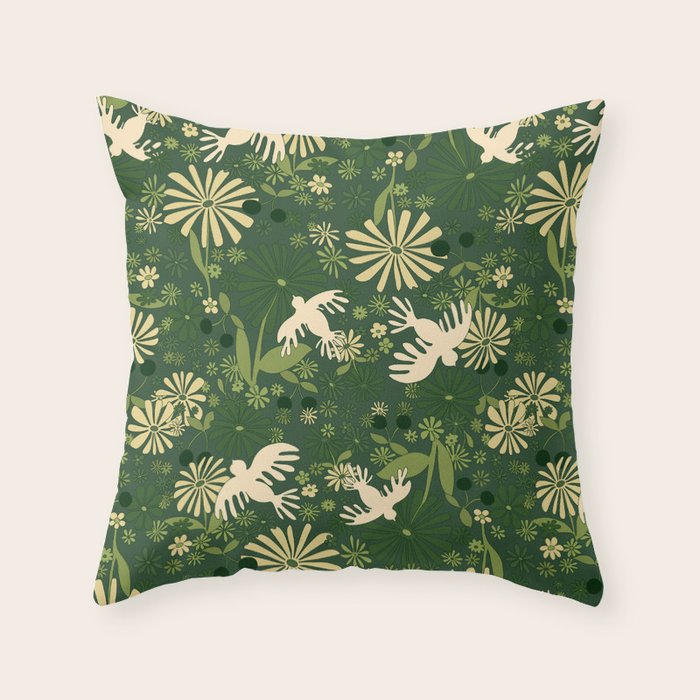 Birds & Flowers Green Throw Pillow Gallery Image 6