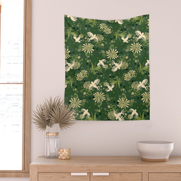 Birds & Flowers Green Wall Tapestry Gallery Image 2
