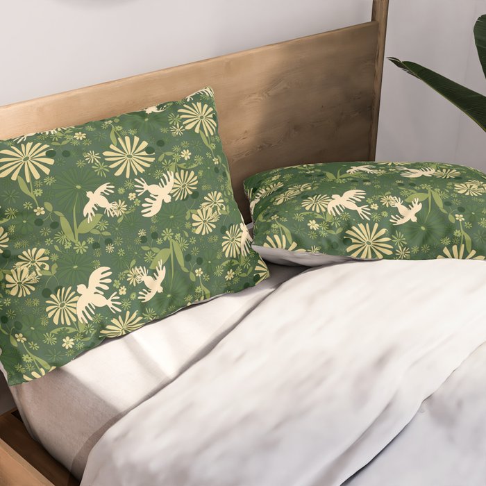 Birds & Flowers Green Pillow Sham Gallery Image 2