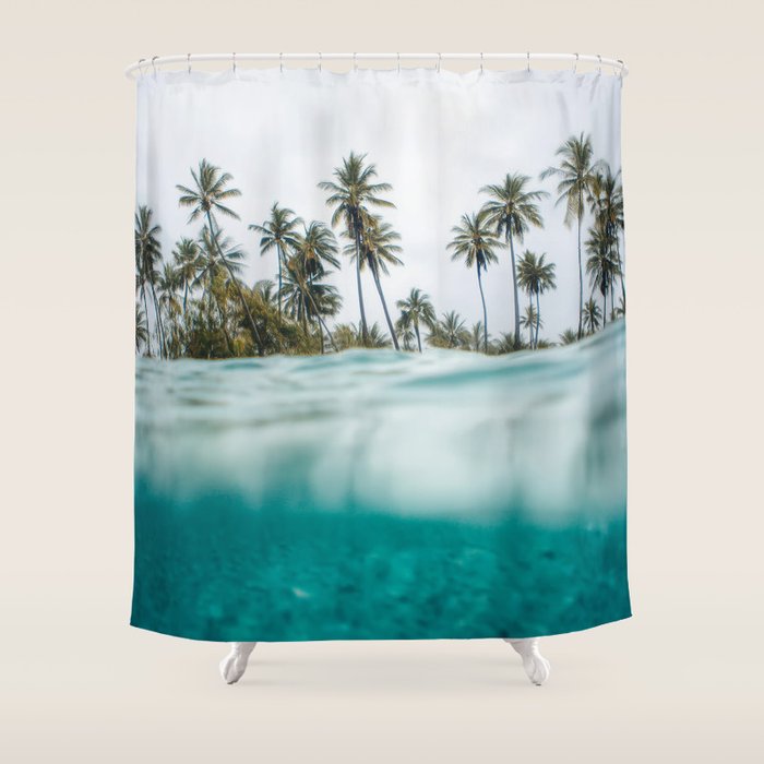 Split View Paradise - Ocean and Palm Tree Wall Art Shower Curtain Gallery Image 1