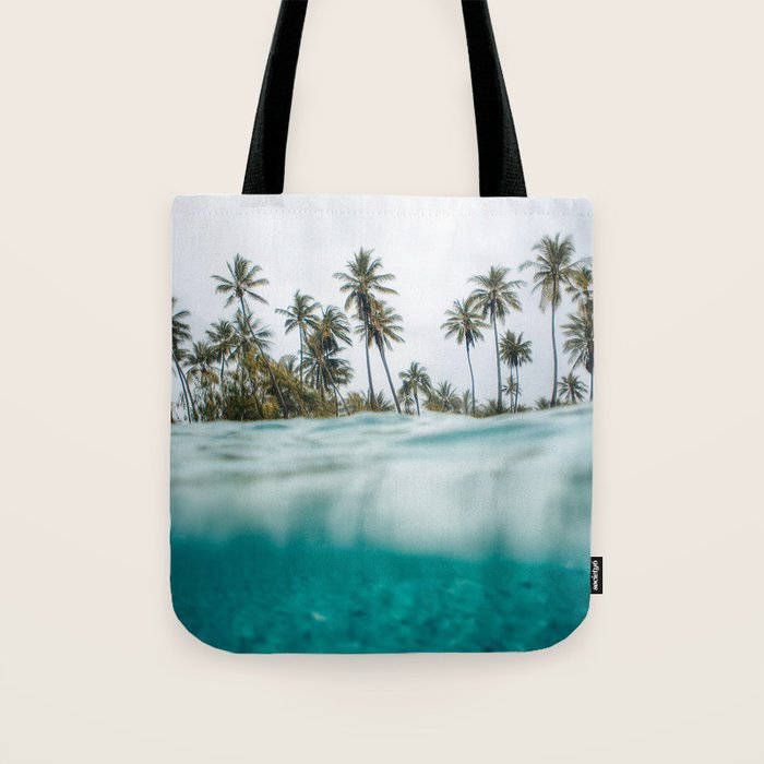 Split View Paradise - Ocean and Palm Tree Wall Art Tote Bag Gallery Image 1