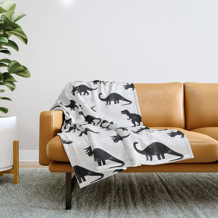 Black + White Dinosaurs Throw Blanket Gallery Image 1