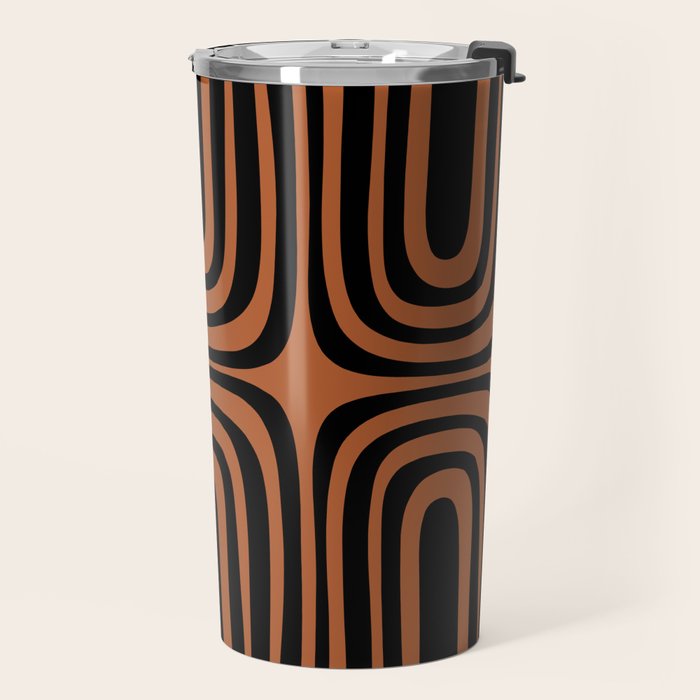 Midcentury Modern Rust and Black Abstract Confaab Pattern Travel Mug Gallery Image 2