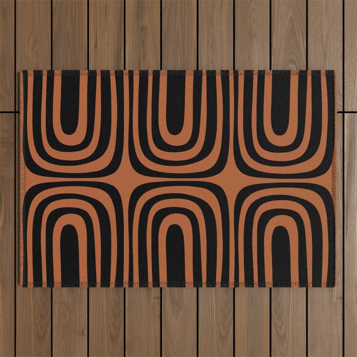 Midcentury Modern Rust and Black Abstract Confaab Pattern Outdoor Rug Gallery Image 1