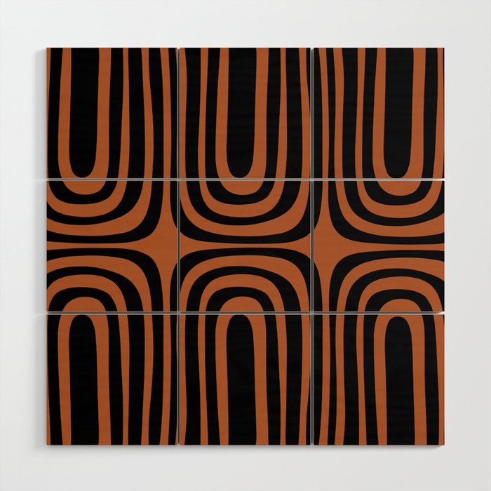 Midcentury Modern Rust and Black Abstract Confaab Pattern Wood Wall Art Gallery Image 1