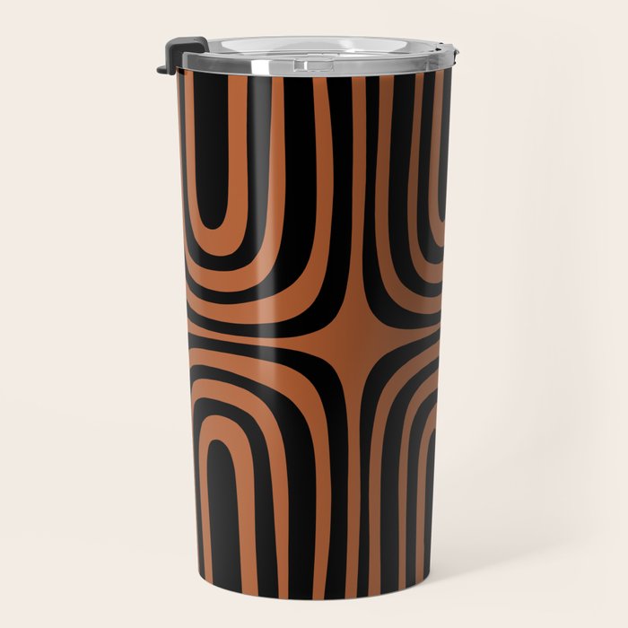 Midcentury Modern Rust and Black Abstract Confaab Pattern Travel Mug Gallery Image 3