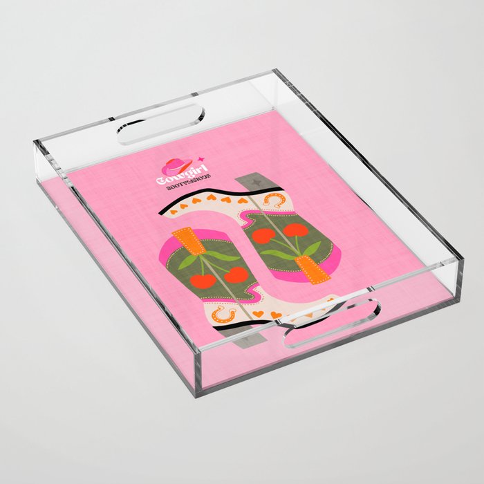 Cowgirl boots - 'Booty-licious' pun in pink Acrylic Tray Gallery Image 1