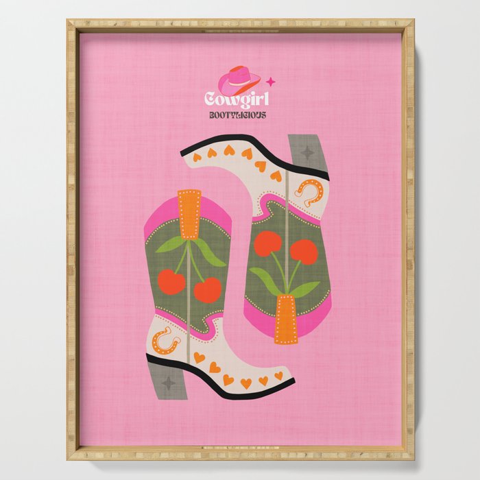 Cowgirl boots - 'Booty-licious' pun in pink Serving Tray Gallery Image 1
