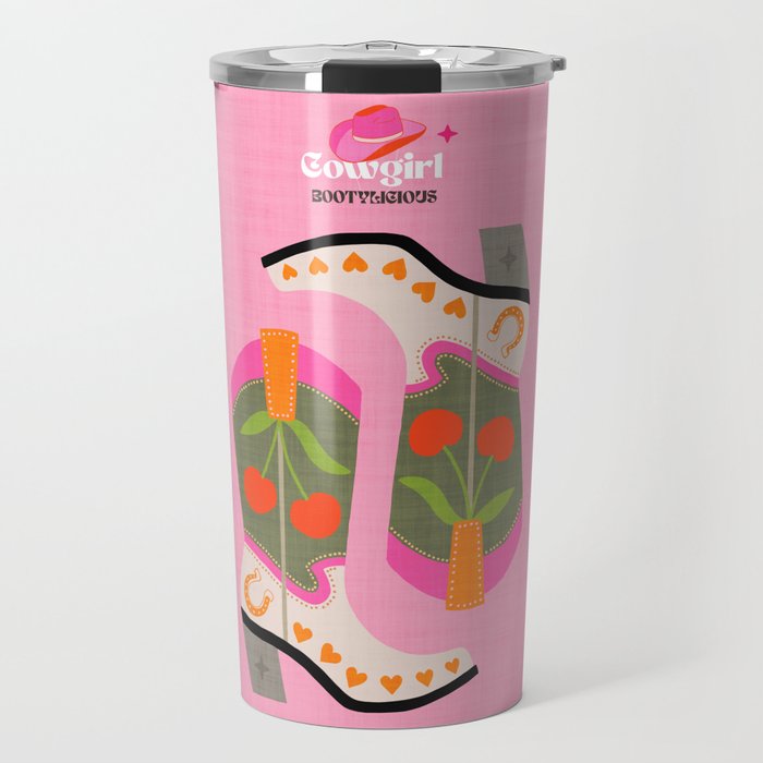 Cowgirl boots - 'Booty-licious' pun in pink Travel Mug Gallery Image 1