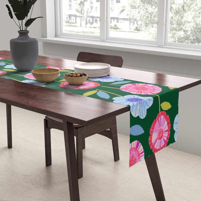 Folky Flowers in Bloom in Green & Pink Table Runner Gallery Image 2