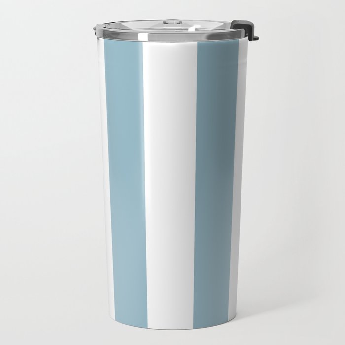 Large Baby Blue and White Vertical Cabana Tent Stripes Travel Mug Gallery Image 2
