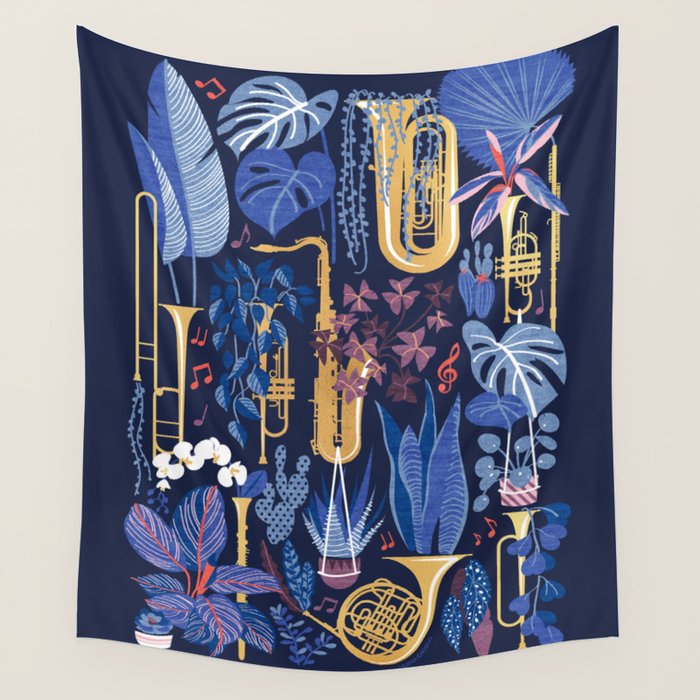 Music to my eyes // oxford navy blue background gold textured musical instruments blue indoor plants coral music notes Wall Tapestry Gallery Image 4