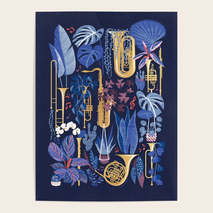 Music to my eyes // oxford navy blue background gold textured musical instruments blue indoor plants coral music notes Poster Gallery Image 4