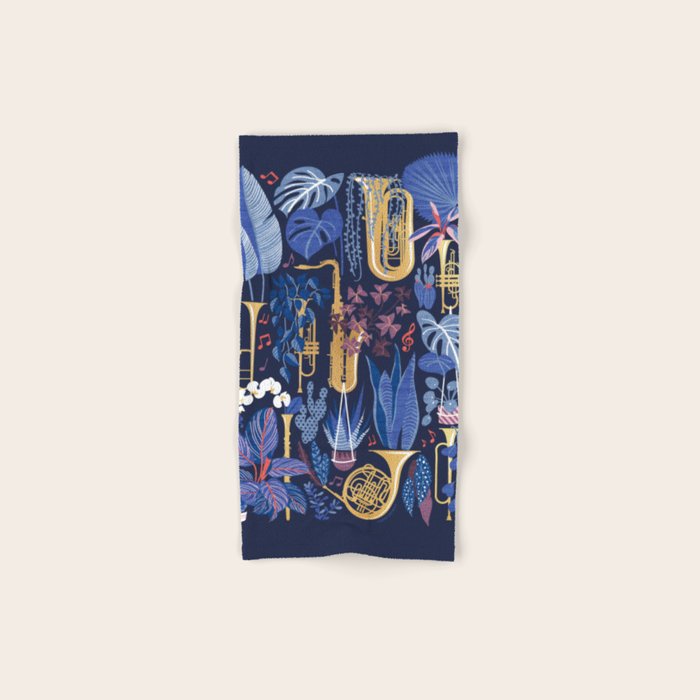 Music to my eyes // oxford navy blue background gold textured musical instruments blue indoor plants coral music notes Bath Towel Gallery Image 1