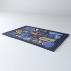 Music to my eyes // oxford navy blue background gold textured musical instruments blue indoor plants coral music notes Rug Gallery Image 3