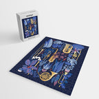 Music to my eyes // oxford navy blue background gold textured musical instruments blue indoor plants coral music notes Jigsaw Puzzle Gallery Image 2