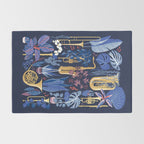 Music to my eyes // oxford navy blue background gold textured musical instruments blue indoor plants coral music notes Rug Gallery Image 2