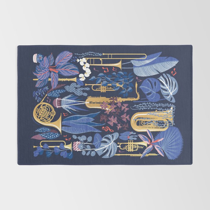 Music to my eyes // oxford navy blue background gold textured musical instruments blue indoor plants coral music notes Rug Gallery Image 2