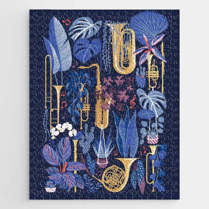 Music to my eyes // oxford navy blue background gold textured musical instruments blue indoor plants coral music notes Jigsaw Puzzle Gallery Image 1