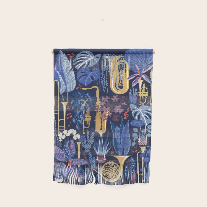 Music to my eyes // oxford navy blue background gold textured musical instruments blue indoor plants coral music notes Wall Hanging Gallery Image 1