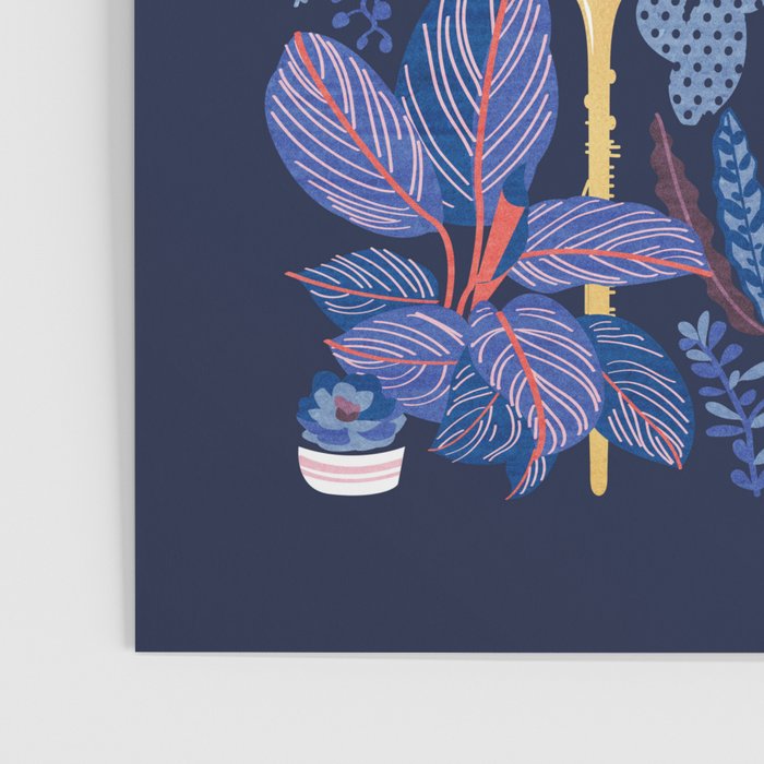 Music to my eyes // oxford navy blue background gold textured musical instruments blue indoor plants coral music notes Poster Gallery Image 3