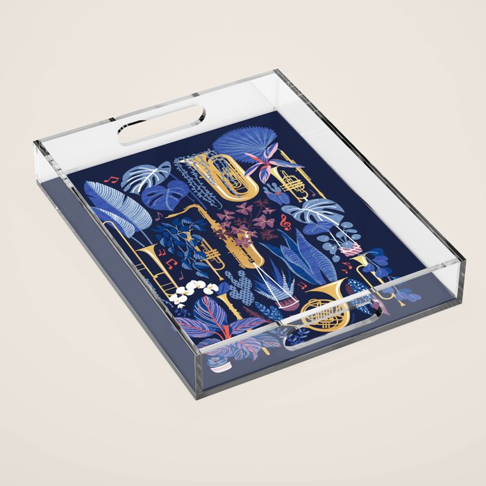 Music to my eyes // oxford navy blue background gold textured musical instruments blue indoor plants coral music notes Acrylic Tray Gallery Image 1