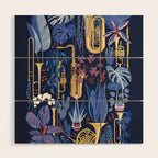 Music to my eyes // oxford navy blue background gold textured musical instruments blue indoor plants coral music notes Wood Wall Art Gallery Image 1