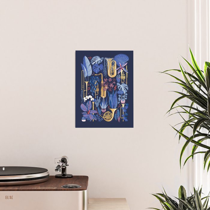 Music to my eyes // oxford navy blue background gold textured musical instruments blue indoor plants coral music notes Poster Gallery Image 2