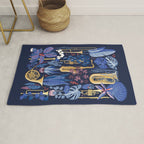 Music to my eyes // oxford navy blue background gold textured musical instruments blue indoor plants coral music notes Rug Gallery Image 1