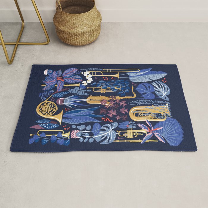 Music to my eyes // oxford navy blue background gold textured musical instruments blue indoor plants coral music notes Rug Gallery Image 1
