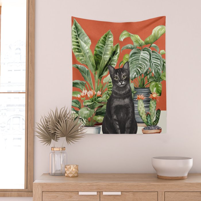 Black Cat And House Plants 3 Wall Tapestry Gallery Image 2