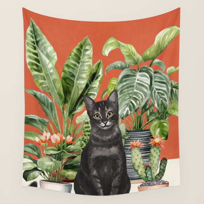 Black Cat And House Plants 3 Wall Tapestry Gallery Image 1