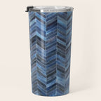 Blue cowhide patchwork geometric chevron Travel Mug Gallery Image 3