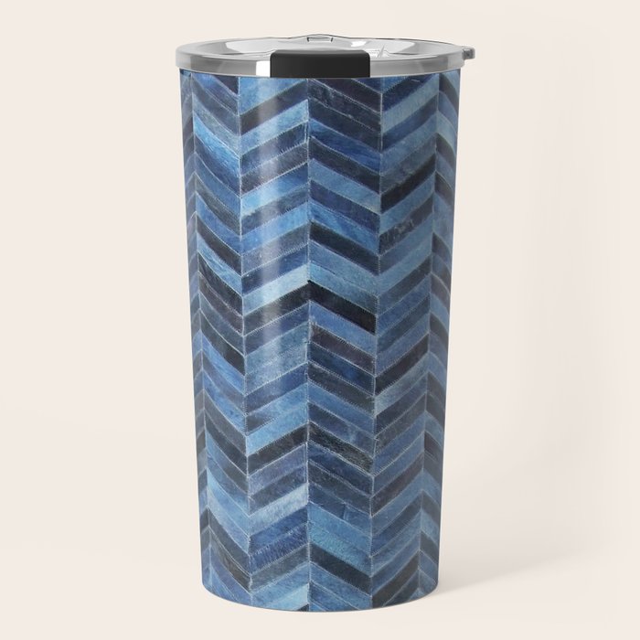 Blue cowhide patchwork geometric chevron Travel Mug Gallery Image 1