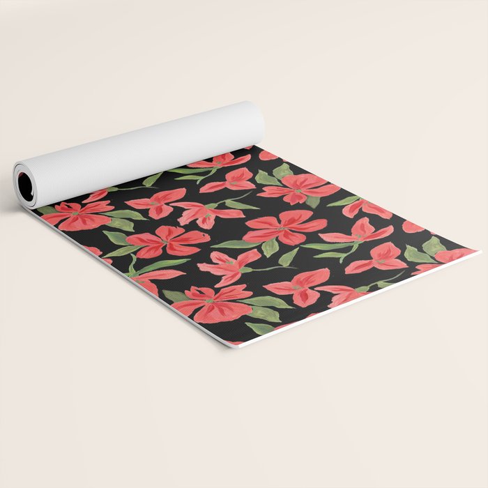 Red bold flowers in black background Yoga Mat Gallery Image 2