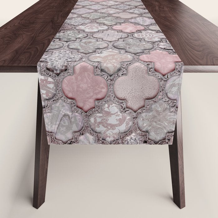 Vintage Moroccan Tiles Grey, Blush And Smoke Pink Table Runner Gallery Image 1